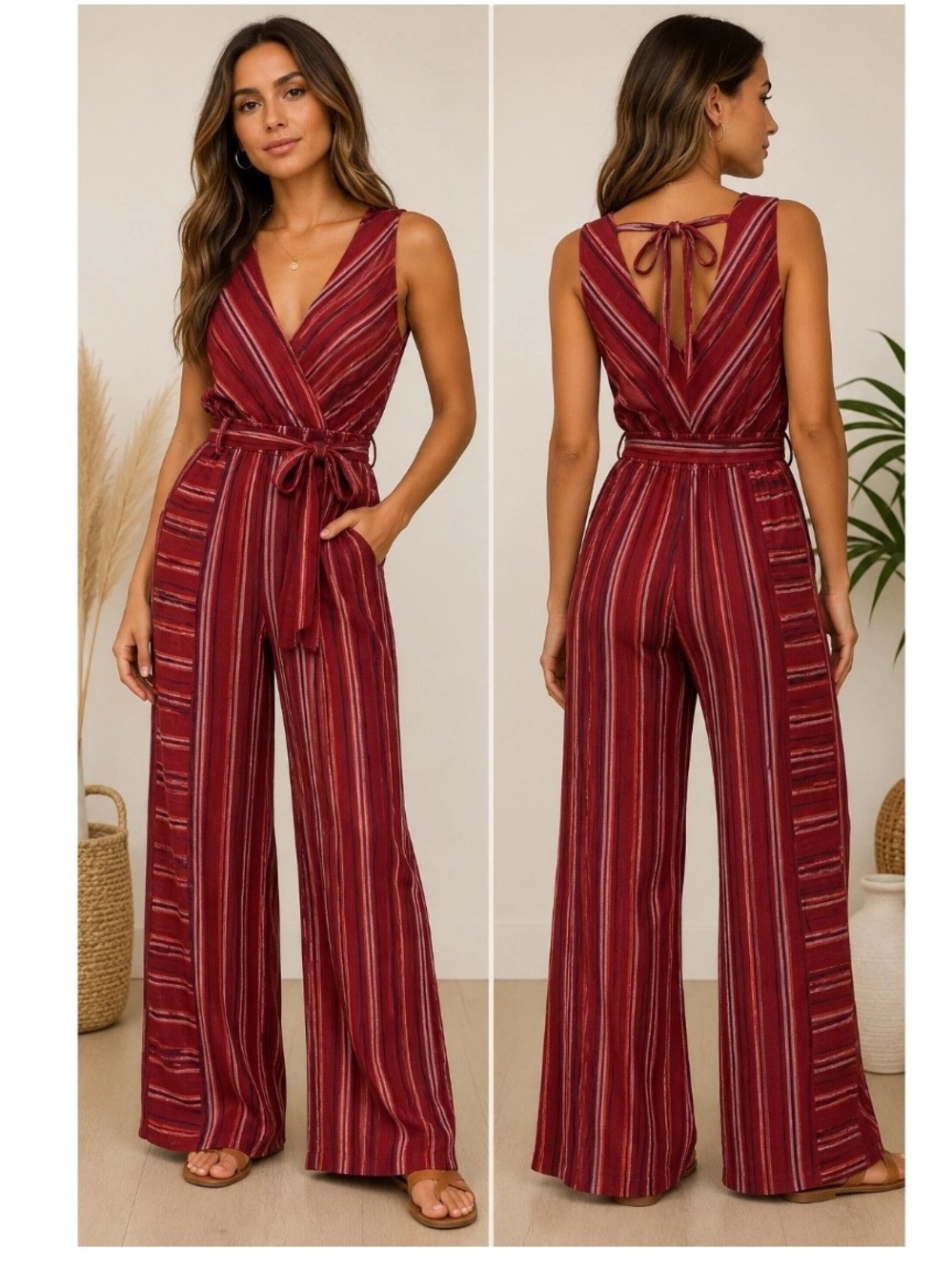 Indigo Rein Red Striped Tie-Shoulder Jumpsuit